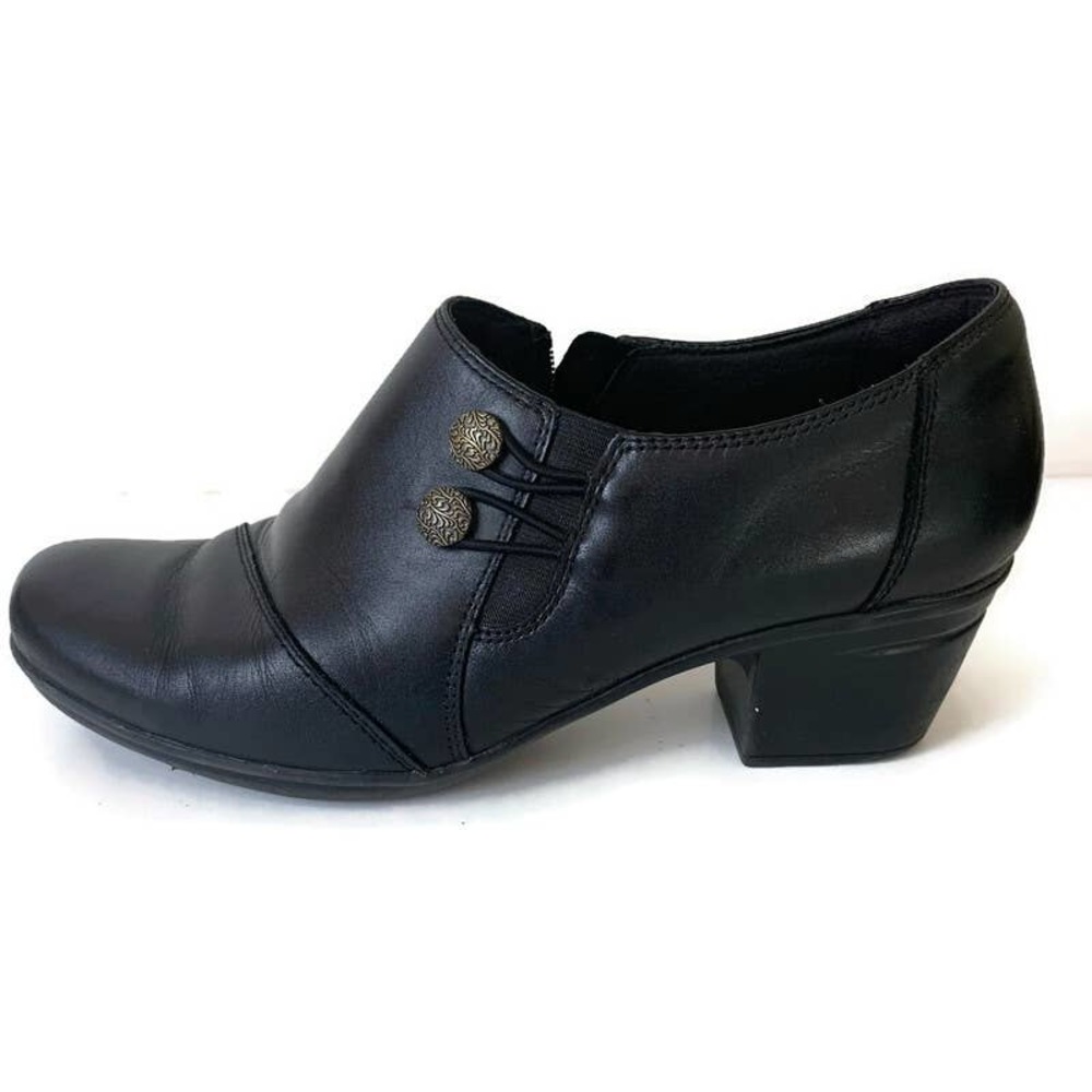 Clarks Emslie Warren Slip on Loafer Black Leather Size 10 M Metal Button Accent